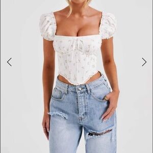 Baby Boo white and pink Floral Puff Sleeve Corset Top